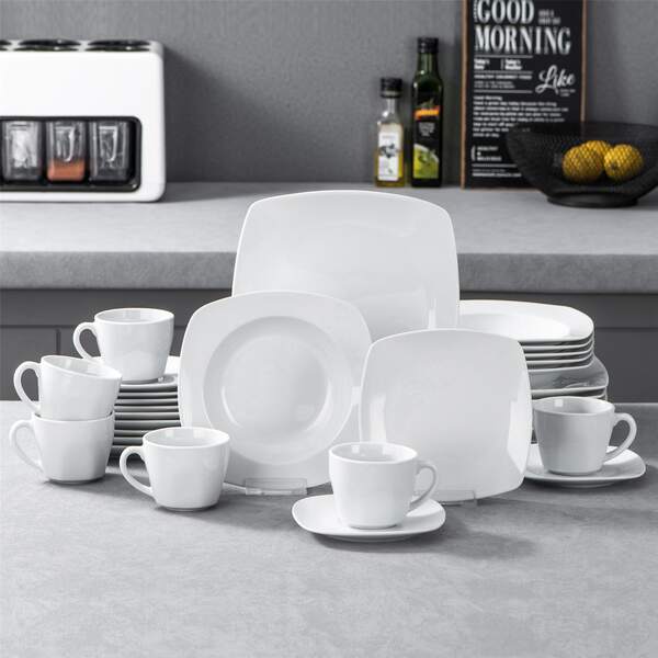 MALACASA 30-Piece Dinner Set Ivory White Porcelain Dinnerware Set With 6-Piece Cups 6-Piece Saucers 6-Piece Dessert Plates 6-Piece Soup Plates And 6-Piece Dinner Plates, Service For 6
