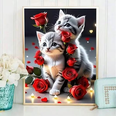 Diamond Painting Kit Rose Cat Image, DIY 5D Full Drill Diamond Art Craft, Suitable For Home Room Decor And Wall Decoration, Perfect Choice For Holiday Parties And Various Festive Occasions